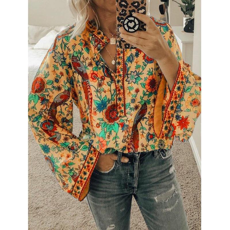 Women Floral Printed Long Sleeve Blouse - CHALIER