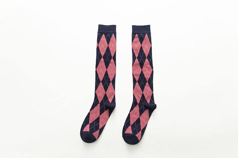 Womens Geometric Calf Socks Knee-length Cotton English Vintage Stockings Pink - CHALIER