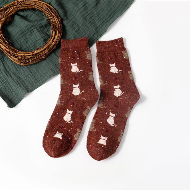 Womens Winter Wool Warm Socks Cartoon Cat pattern Fashion Socks 5 Pairs Set - CHALIER