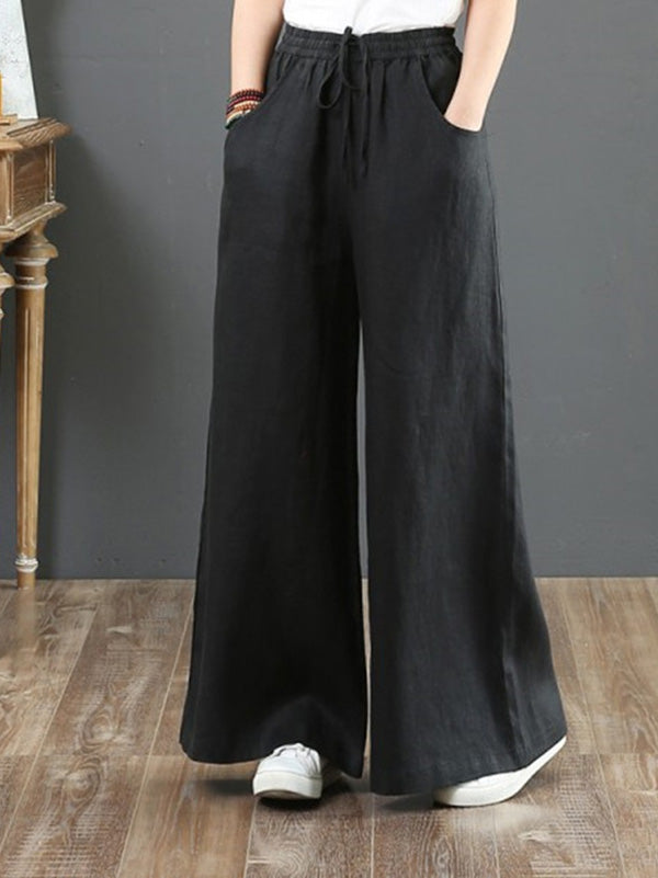 Women's Cotton Linen Wide Leg Pants Casual Plus Size High Waist Straight Trousers