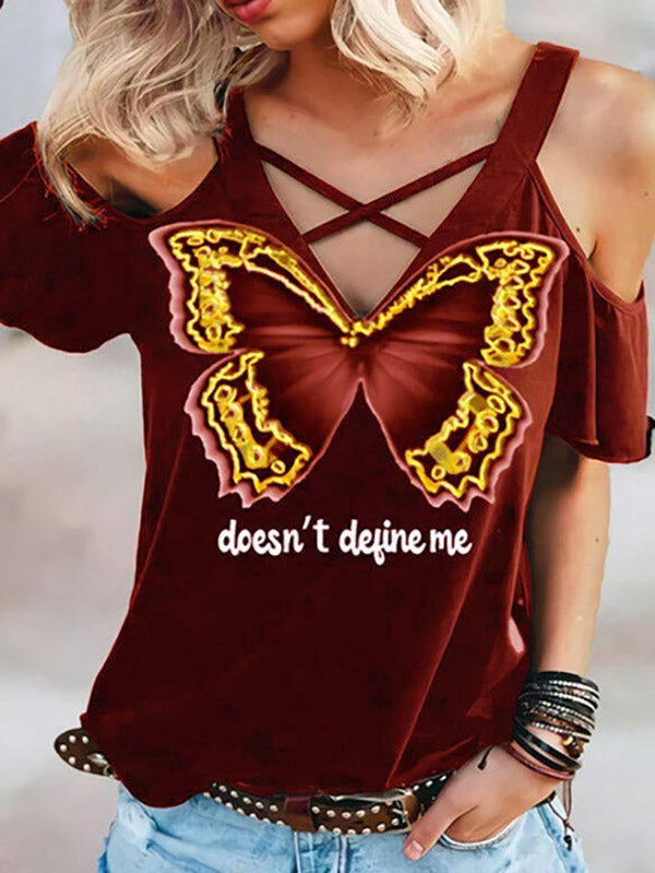 Women's Causual V-Neck Butterfly Prints T-Shirt Off Shoulder Plus Size Tops