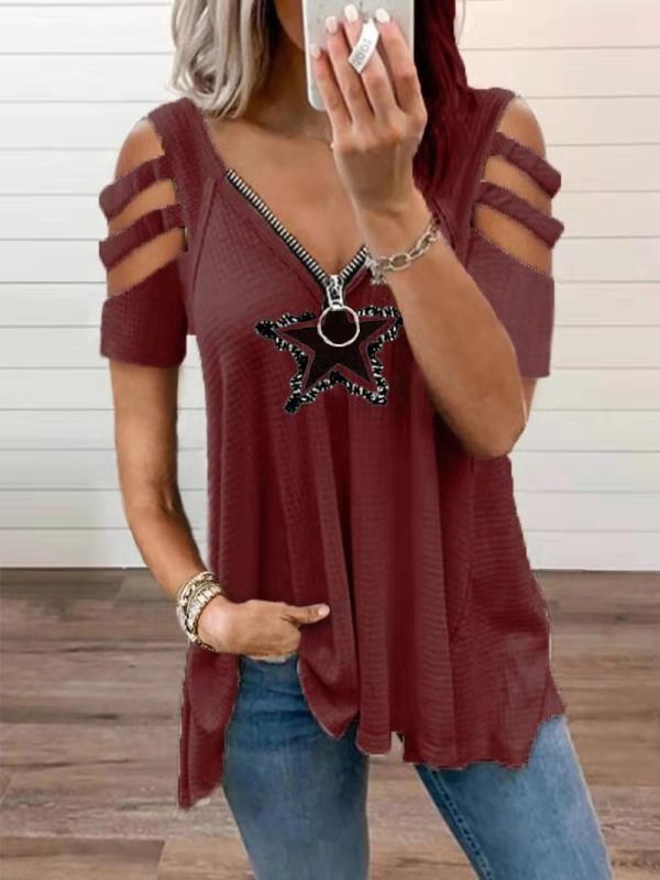 Women's Sexy V-Neck Zippered T-Shirt Star Prints Off-Shoulder Tops Plus Size