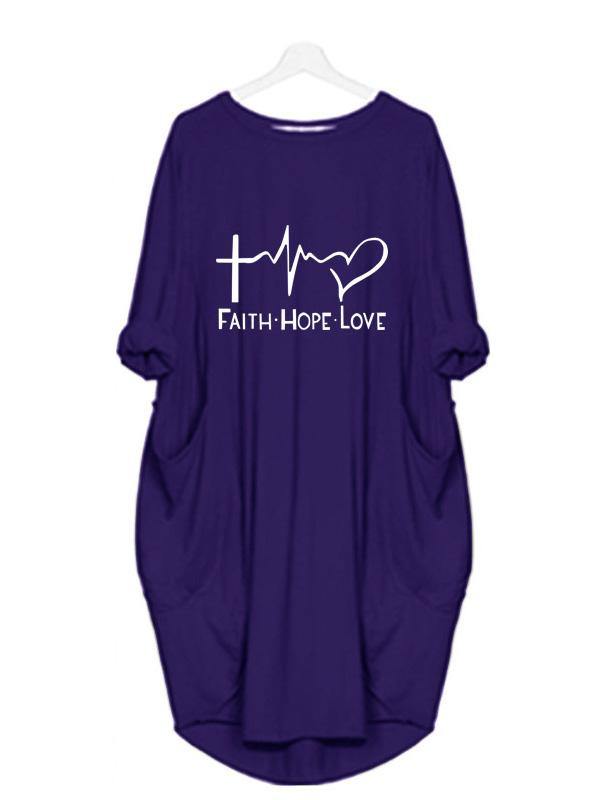 Women's Casual Cotton Letter Prints Tee "FAITH HOPE LOVE" Dress Loose Midi Dress Plus Size - CHALIER