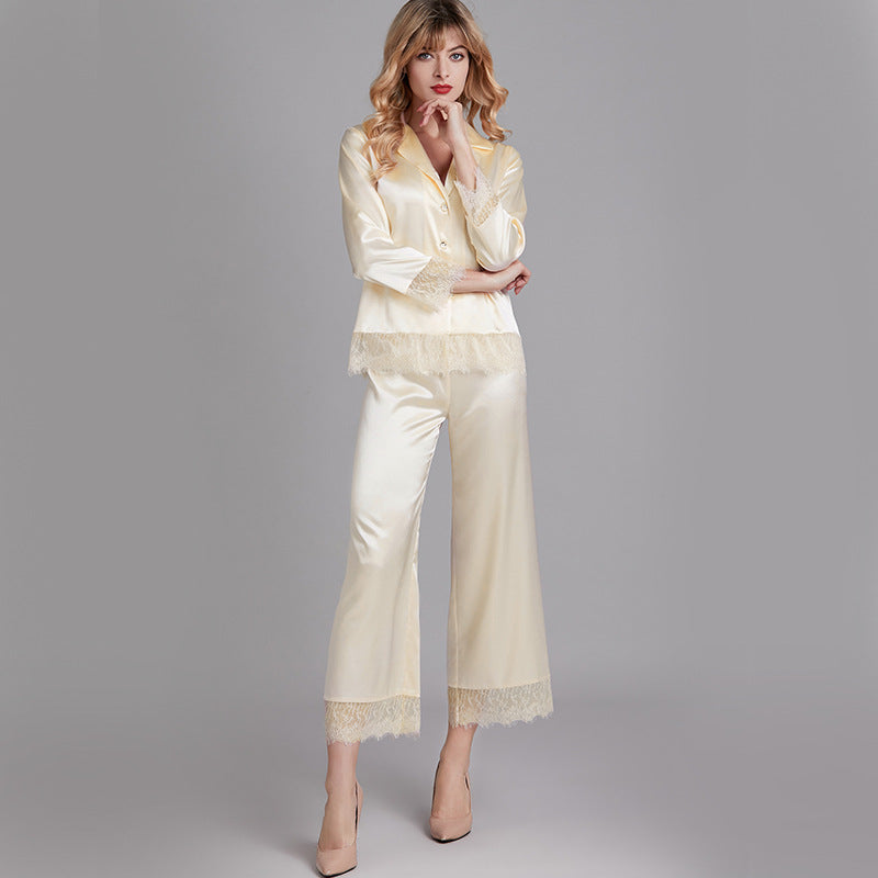 Satin Pajamas Set 2 Piece Women's V-Neck Sleepwear Set with Lace Trim Pj Set Loungewear