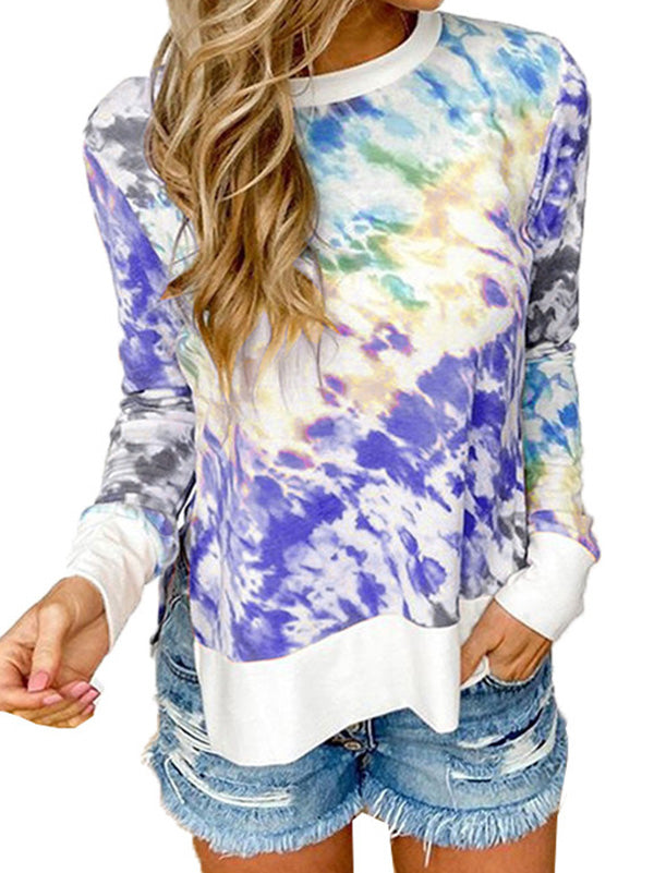 Women's Tie-Dye Floral Prints Long Sleeve T-Shirt Round-Neck