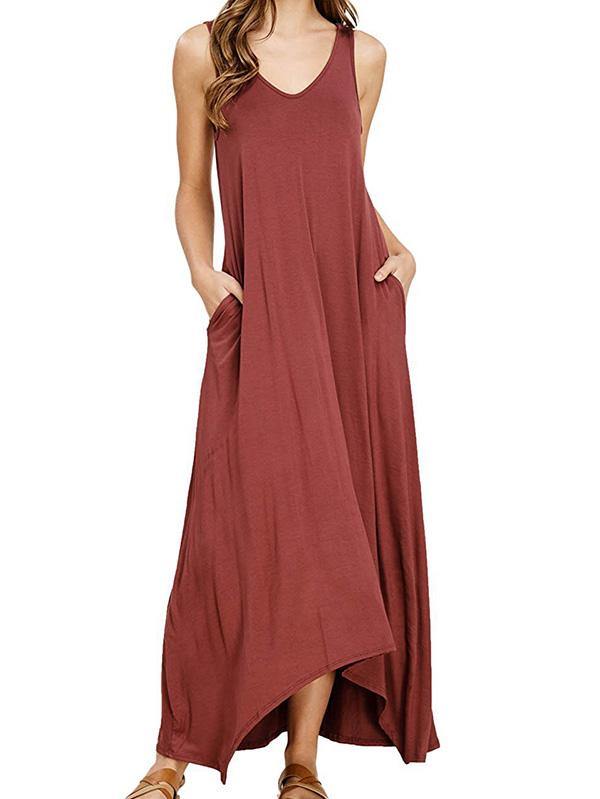 Women's Sleeveless Maxi Dress Casual Pockets Soft Jumper Skirt Solid Beach Dress - CHALIER