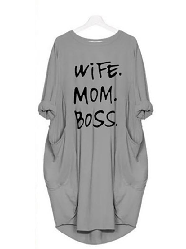 Women's Casual Cotton Letter Prints Loose Tee Dress Pocket Midi Dress Plus Size - CHALIER