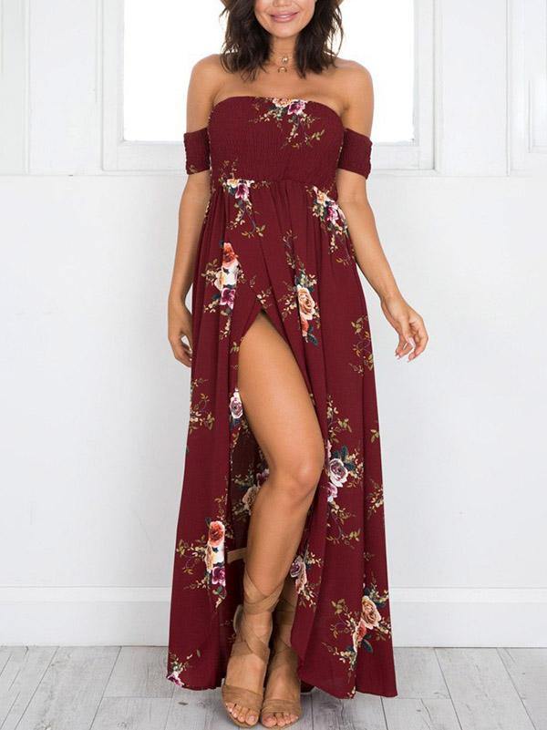 Women's Floral Printed Maxi Beach Dress Long Bohemian Split Tee Dress Plus Size - CHALIER