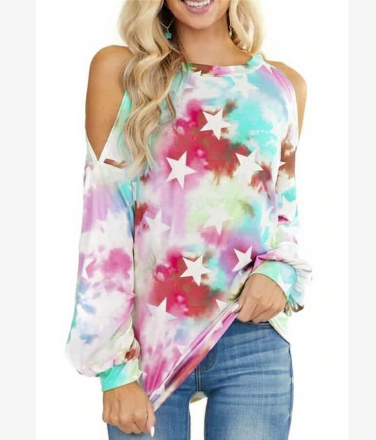 Women's Cold Shouler Tie Dye Star Print Long-Sleeve T-shirt - CHALIER