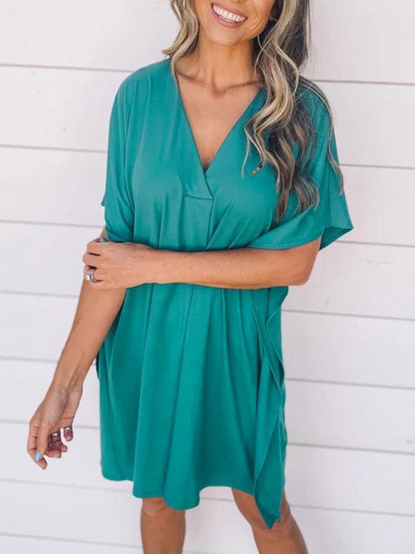 Women's Dresses Casual V-neck Short Sleeve Loose Knee-length T-shirt Mini Dress - CHALIER