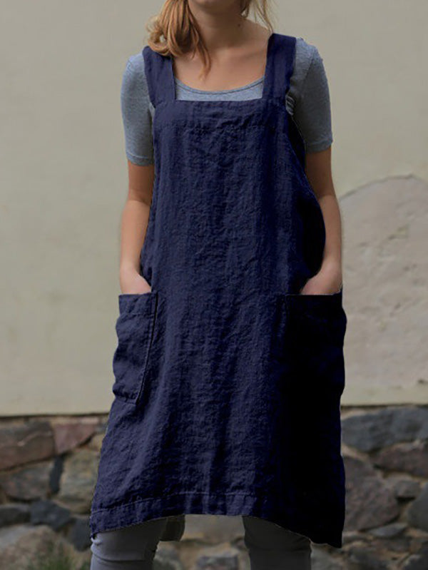 Womens Cotton Linen Loose Apron Pinafore Dress Square Neck Plus Size