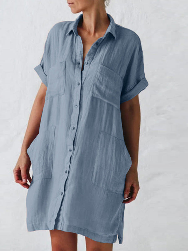 Women's Cotton Linen Asymmetrical Mini Dress Plus Size Casual Shirt Dress Half Sleeve
