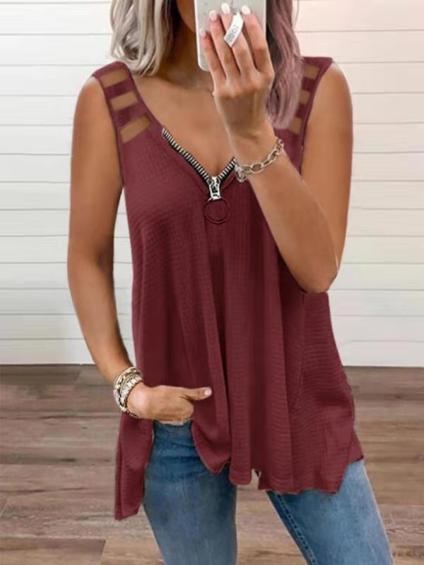 Women's Sexy V-Neck Zippered Sleeveless T-Shirt Casual Tanks Plus Size