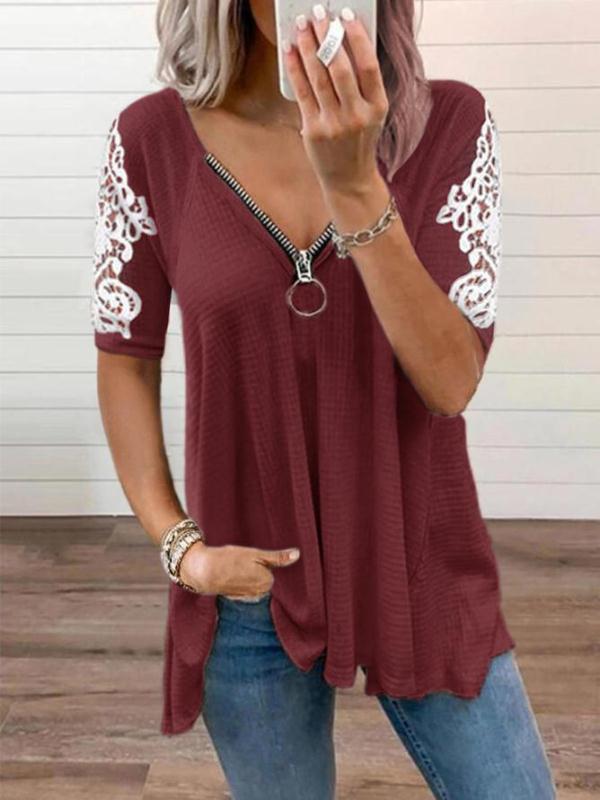 Women's Sexy V-Neck Zippered Lace T-Shirt  Tops Plus Size Solid Color