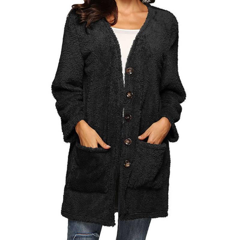 Fuzzy Plain Pockets Solid Women's Warmest Cardigan - CHALIER