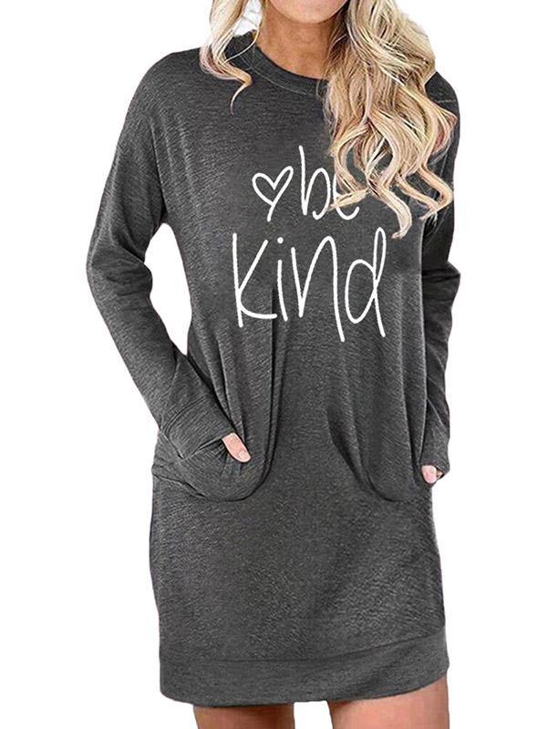 Women's Casual Cotton Letter Print "BE KIND" Tee Dress Pocket Mini Dress Long Sleeve - CHALIER