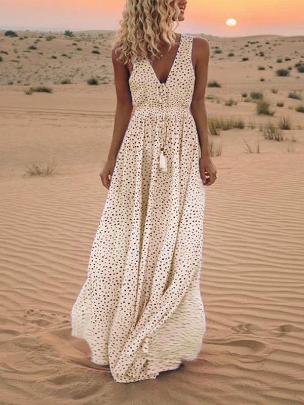 Polka Dots Sleeveless V-Neck Boho Maxi Dress Holiday - CHALIER