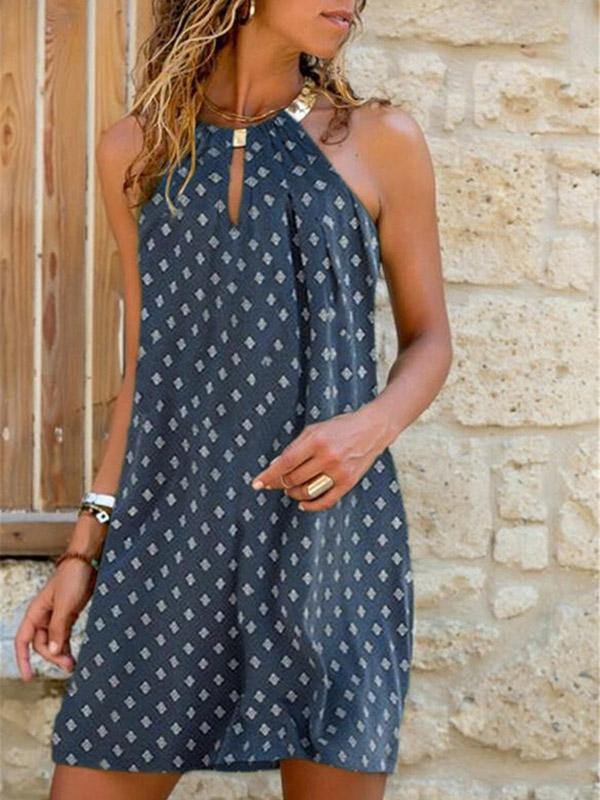 Floral Printed Sleeveless Halter Mini Dress Holiday with Metal Necklace - CHALIER