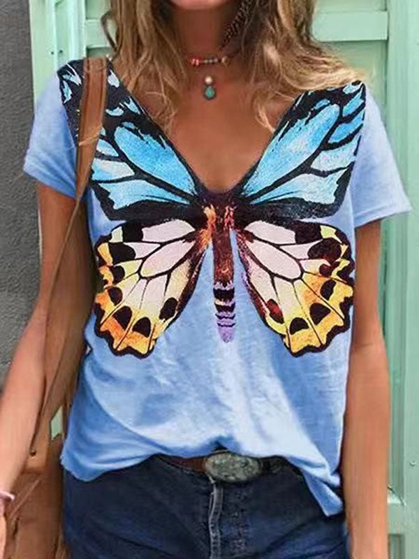 Women's Casual Cotton Colorful Butterfly Prints T-Shirt V-Neck Plus Size