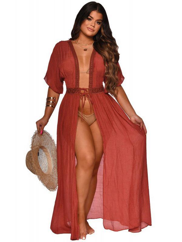 Women's Sexy Holiday Maxi Dress Beach Tthin Cotton and Linen Cardigan Slit Dress Plus Size - CHALIER