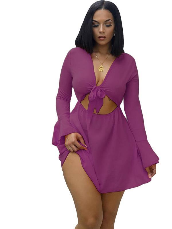 Women's Sexy Ultra-thin Beach Mini Dress Long Sleeve V-Neck Bowknot - CHALIER