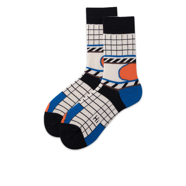 Chalier Mens Casual Crew Hip-hop Couple White Lattice Socks