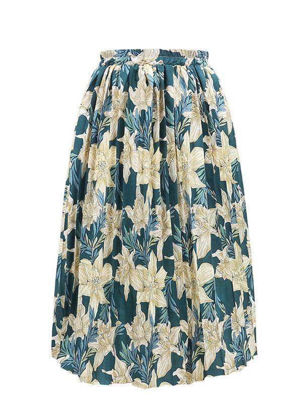 Women's Printed Chiffon Pleated Skirt Plus Size Midi Skirts - CHALIER