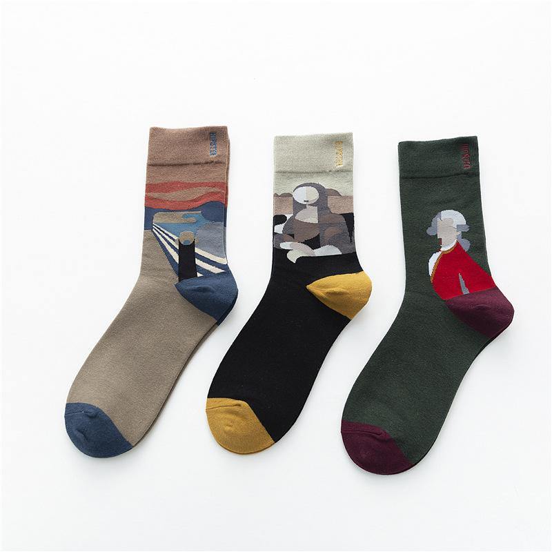 Unisex Painting Style Men Socks Cotton Harajuku Colorful Full Socks Couple Funny Casual Cotton Socks 3 Pairs - CHALIER