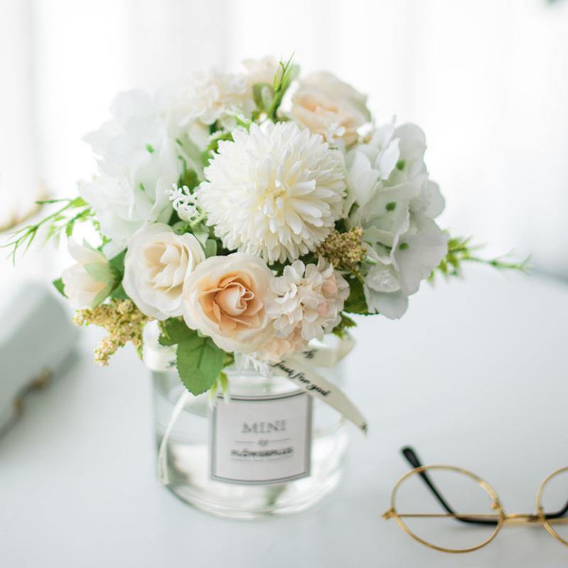 Artificial Fake Flower Set  Roses Peony For Home Decor Includes Glass Vase - CHALIER