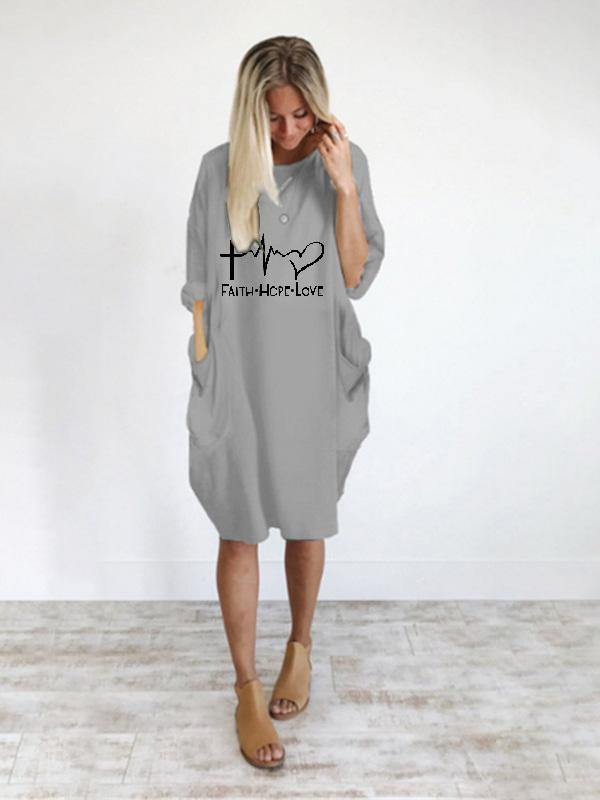 Women's Casual Cotton Letter Prints Tee "FAITH HOPE LOVE" Dress Loose Midi Dress Plus Size - CHALIER