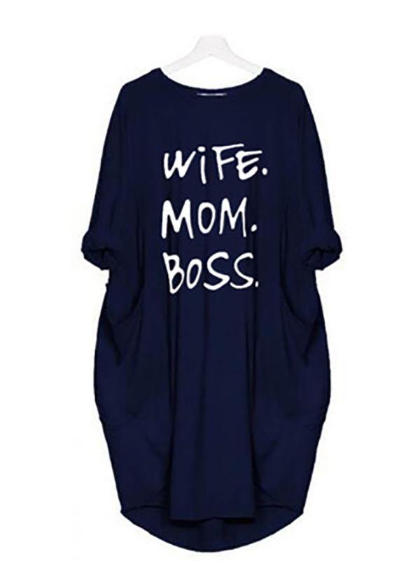 Women's Casual Cotton Letter Prints Loose Tee Dress Pocket Midi Dress Plus Size - CHALIER