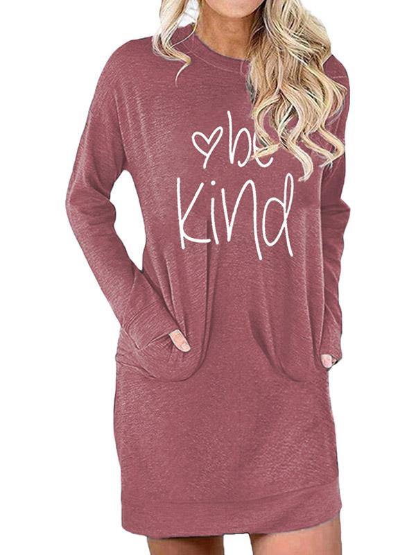 Women's Casual Cotton Letter Print "BE KIND" Tee Dress Pocket Mini Dress Long Sleeve - CHALIER