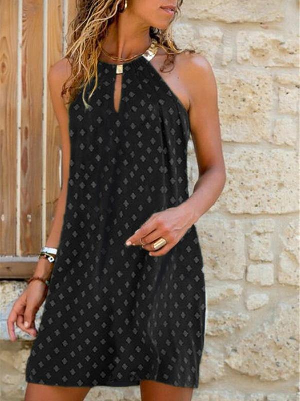 Floral Printed Sleeveless Halter Mini Dress Holiday with Metal Necklace - CHALIER