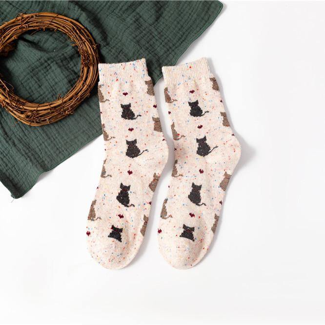 Womens Winter Wool Warm Socks Cartoon Cat pattern Fashion Socks 5 Pairs Set - CHALIER