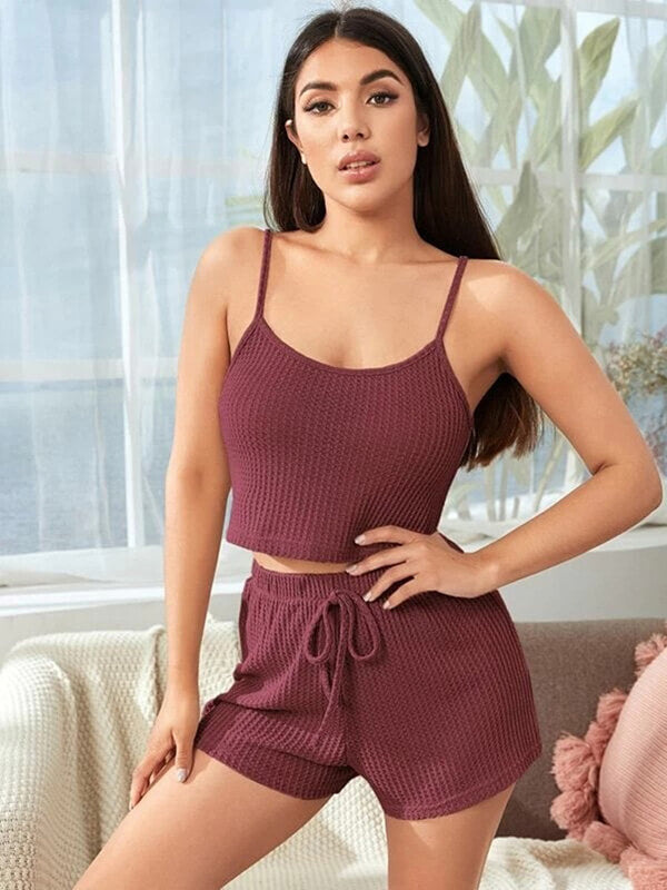 Womens Sexy Camisole Sets Solid Color Pajamas Sleeveless Sleepwear Set Nightwear