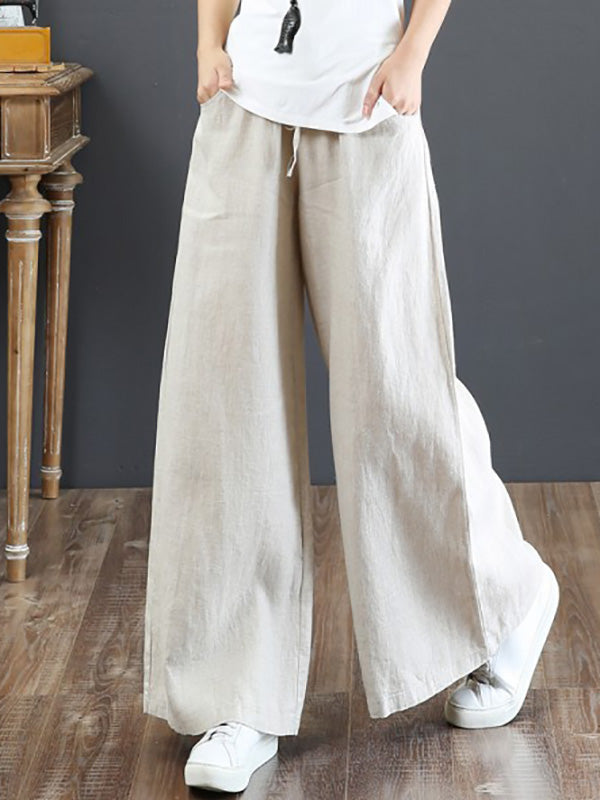 Women's Cotton Linen Wide Leg Pants Casual Plus Size High Waist Straight Trousers