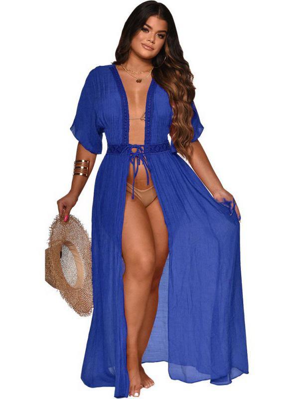 Women's Sexy Holiday Maxi Dress Beach Tthin Cotton and Linen Cardigan Slit Dress Plus Size - CHALIER