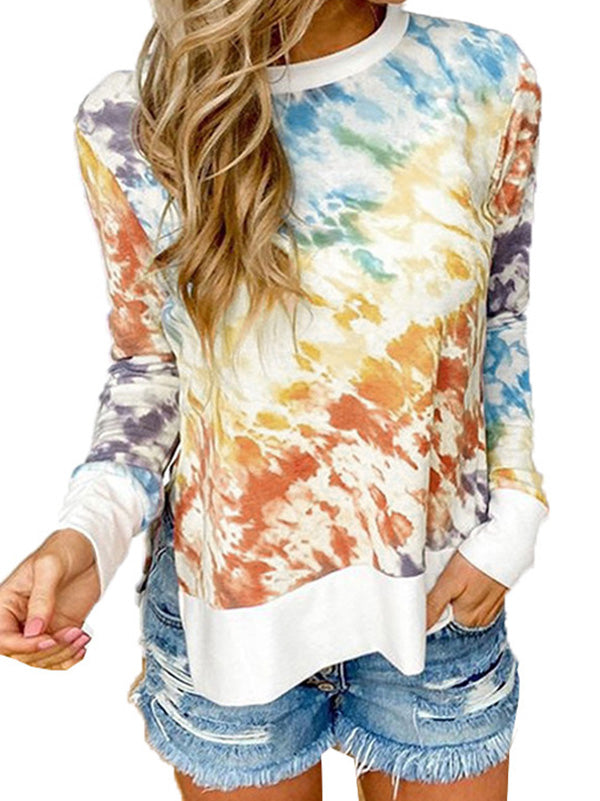 Women's Tie-Dye Floral Prints Long Sleeve T-Shirt Round-Neck