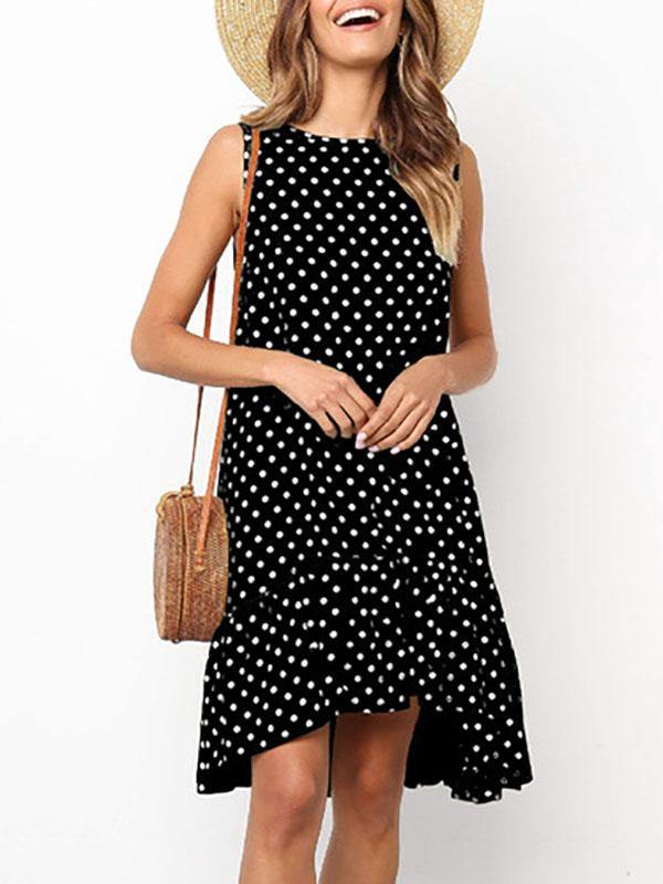 Women's Polka Dot Sleeveless Loose Flounced Dress Holiday - CHALIER