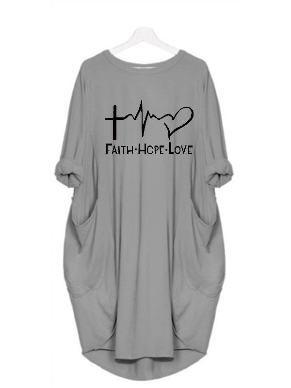 Women's Casual Cotton Letter Prints Tee "FAITH HOPE LOVE" Dress Loose Midi Dress Plus Size - CHALIER