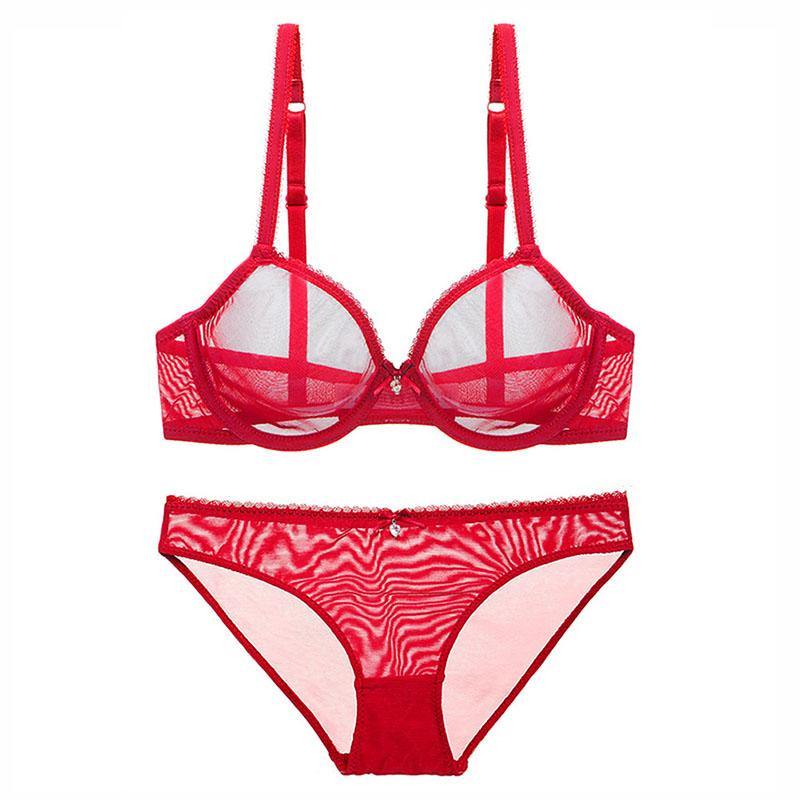 Sexy Lingerie Plus Size Ultra-thin Red Transparent Mesh Bra and Panty Set No Padded Bras - CHALIER