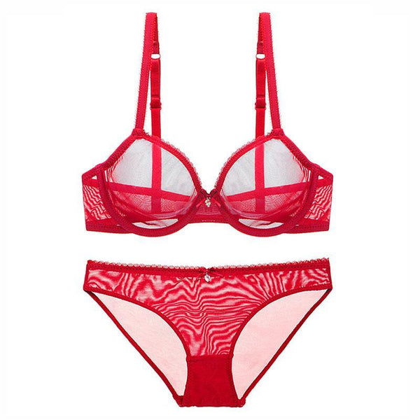 Sexy Lingerie Plus Size Ultra-thin Red Transparent Mesh Bra and Panty Set No Padded Bras - CHALIER