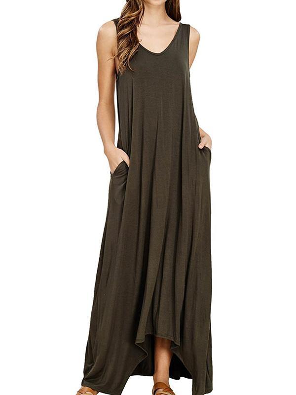 Women's Sleeveless Maxi Dress Casual Pockets Soft Jumper Skirt Solid Beach Dress - CHALIER