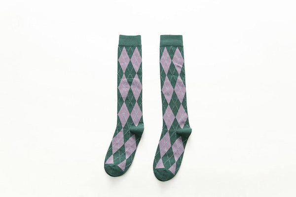 Womens Geometric Calf Socks Knee-length Cotton English Vintage Stockings Gray - CHALIER