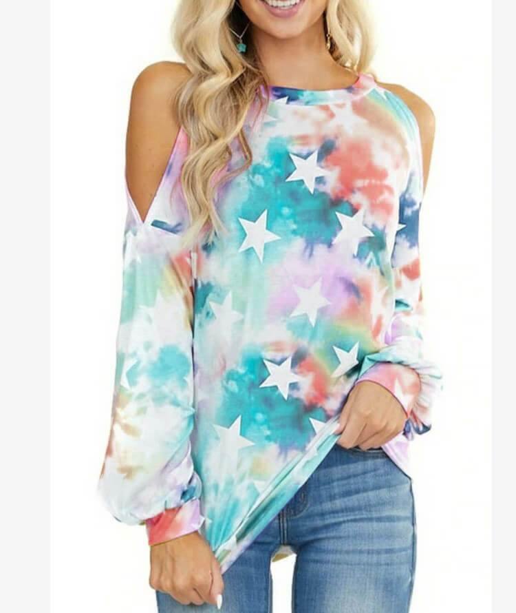 Women's Cold Shouler Tie Dye Star Print Long-Sleeve T-shirt - CHALIER
