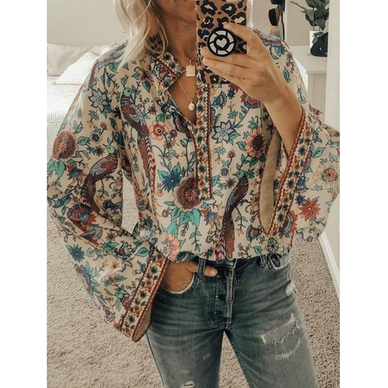 Women Floral Printed Long Sleeve Blouse - CHALIER