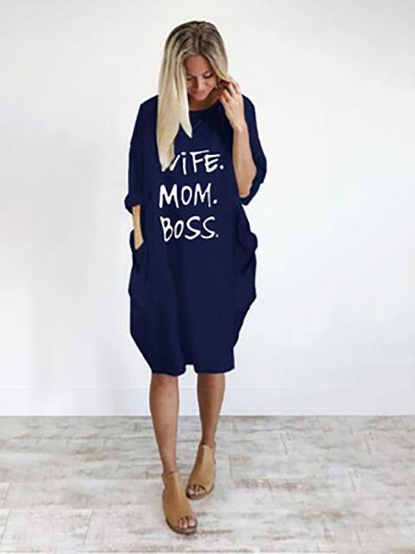 Women's Casual Cotton Letter Prints Loose Tee Dress Pocket Midi Dress Plus Size - CHALIER