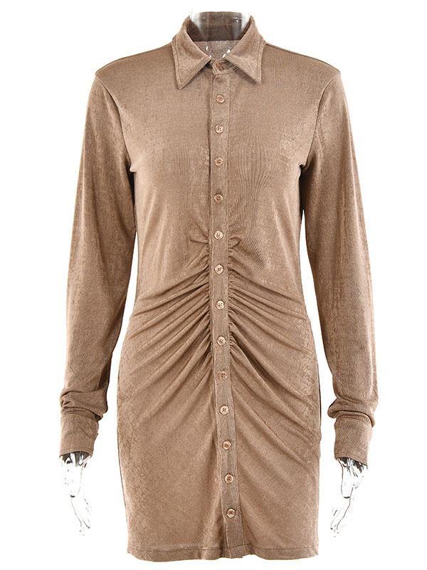 Women's Sexy Pleated Turn-down Collar Lone-sleeve Button Blouse Mini Dress - CHALIER