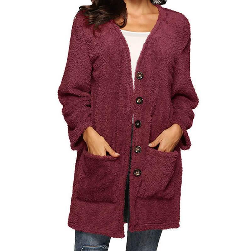 Fuzzy Plain Pockets Solid Women's Warmest Cardigan - CHALIER