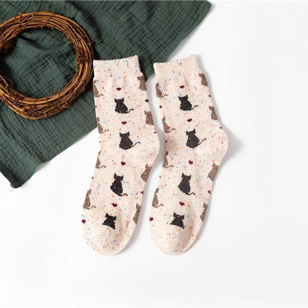 Womens Winter Wool Warm Socks Cartoon Cat Pattern Fashion Sock Creamy White - CHALIER